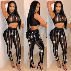 See Through Mesh Bead Outfits Tank Top Slinky Pants KA7024