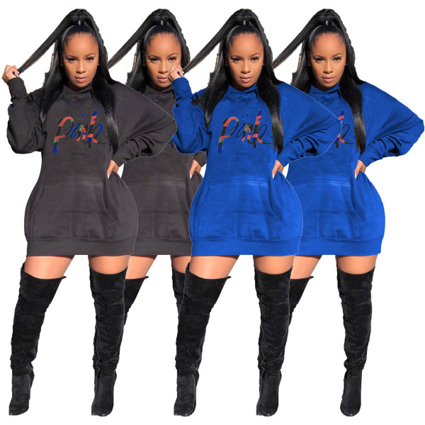Blue/Black Thicken Long Sleeve Hoodie Dress For Daily Wear SDD9215