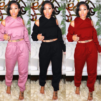 Outdoor Leisure Sets Cold-Shoulder Hoodie Elastic Waist Pants TY1172