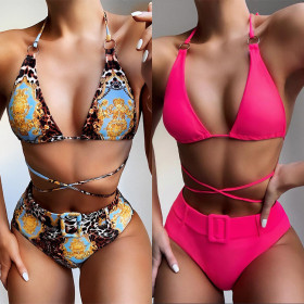 High waist printed halter bikini ladies split swimsuit CSB92W