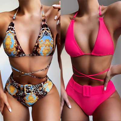 High waist printed halter bikini ladies split swimsuit CSB92W