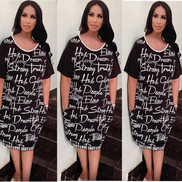 Women's Casual Letter Print Short Sleeve Loose T-Shirt Dress XM6007