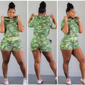 Hooded Women Top Elastic Waist Shorts Hot Camouflage Suits QQ5113