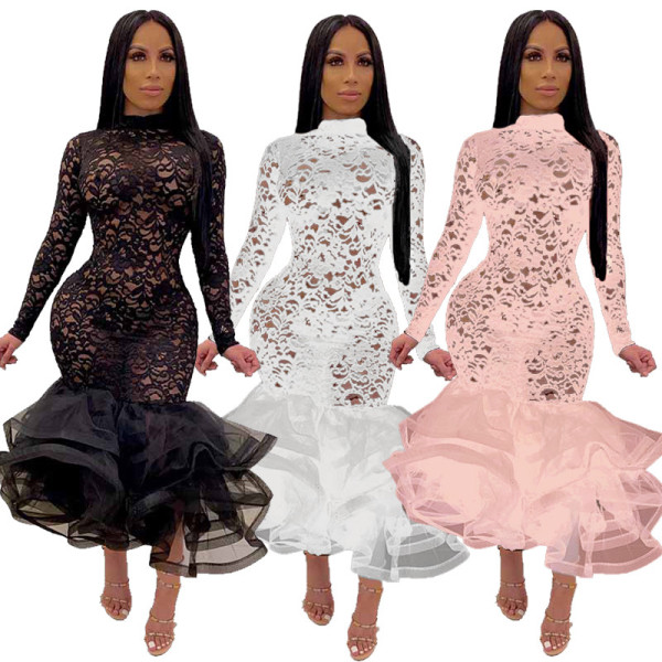 Solid Color O Neck Transparent Sexy Lace Flounced Dress MY9575