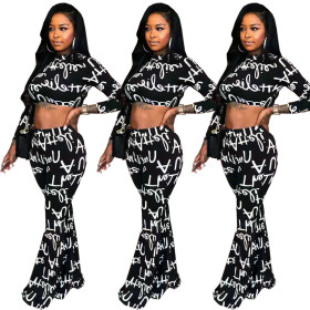 Women Casual Letters Print Sets Crop Top Flares Pants YT3164