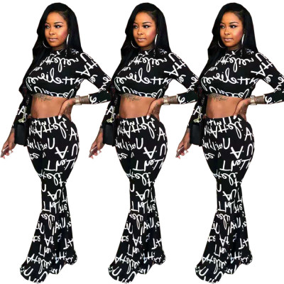 Women Casual Letters Print Sets Crop Top Flares Pants YT3164
