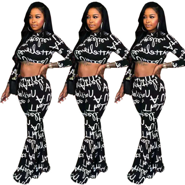 Women Casual Letters Print Sets Crop Top Flares Pants YT3164