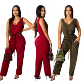Wholesale Price Women Elastic Waist Pure Color Sleeveless Jumpsuits CY1203