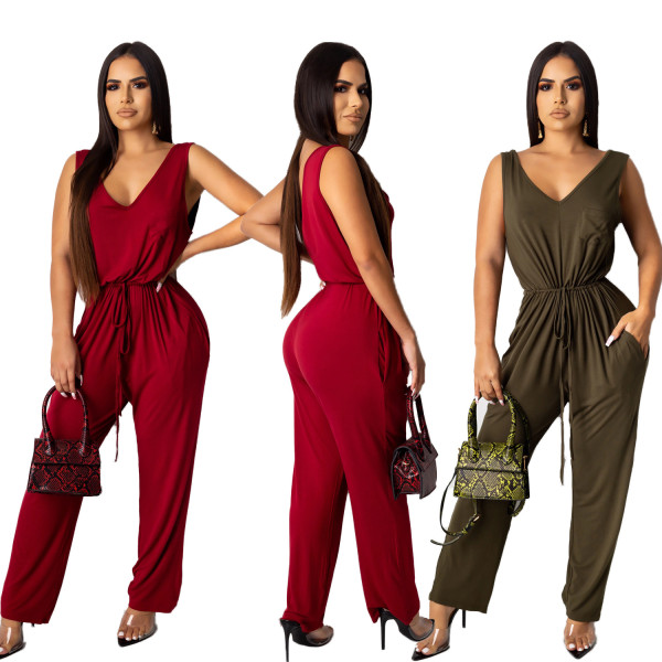 Wholesale Price Women Elastic Waist Pure Color Sleeveless Jumpsuits CY1203