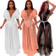 Mesh Perspective Sexy Pure Color Deep V Collar Maxi Dress R6223