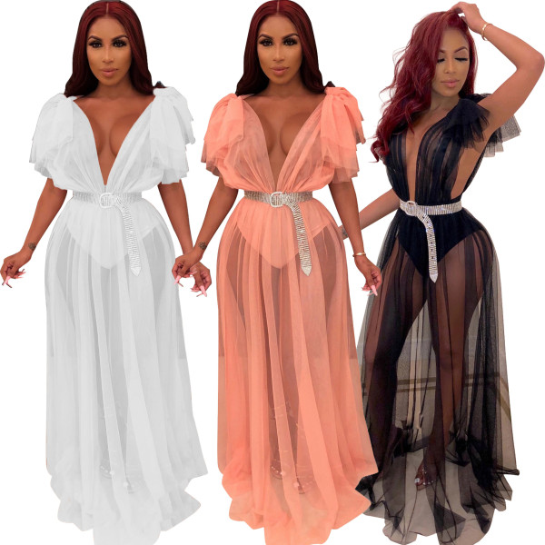 Mesh Perspective Sexy Pure Color Deep V Collar Maxi Dress R6223