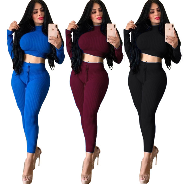 Crop Top Pencil Pants Solid Color Ribber Bodycon Suits YT3171