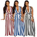 Mature Women Striped Deep V Neck Wide Leg Jumpsuit SMR9207