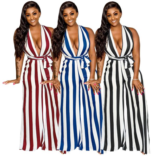 Mature Women Striped Deep V Neck Wide Leg Jumpsuit SMR9207
