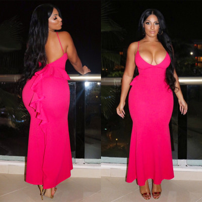 Sexy Party Backless Spaghetti Strap Ruffle Long Dresses LM9008