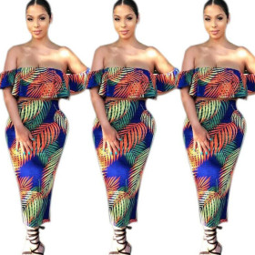 Trendy Lady Printing Skirt Suits Strapless Top Bodycon Dress OMM1525