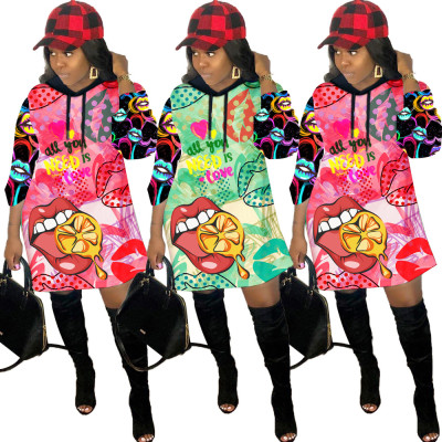 Latest Printing Long Sleeve Young Girls Hooded Casual Dress HY5133