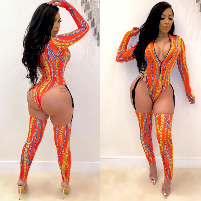 Sexy chain print zipper buckle webbing jumpsuit SDD9228