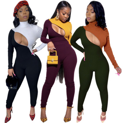 Wholesale Price Contrast Color Hign Collar Skinny Jumpsuit E8476