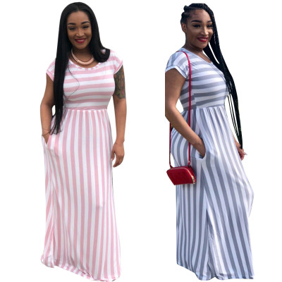 Newest Striped High Waist Round Collar Maxi Dress MFN111