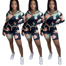 Ladies Fashion Casual Printed Shorts Long Sleeve Two Piece Set JH179