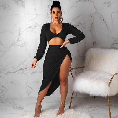 Sexy V Neck Crop Tops With Sides Slit Sexy Skirts 2 Pcse sets R6510