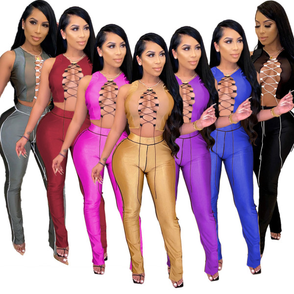 Sexy Mesh Stitching Sleeveless Strappy Mini Cardigan With Split Trousers Two Piece Set LA3222