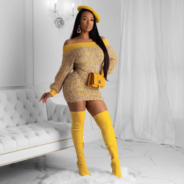 New Arrival Boat Neck Long Sleeves Colorful Bodycon Sweater Dress ZS065