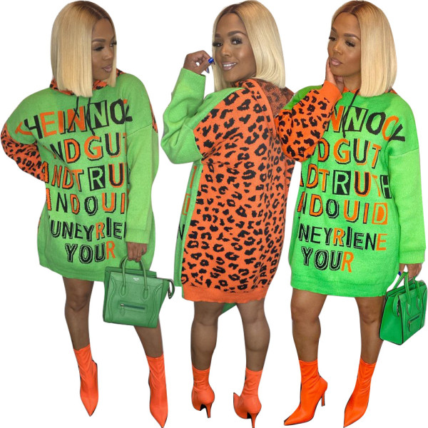 Unique Leopard Print Splicing Hooded Letters Dress For Wholesale HM5279