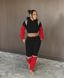 Fashion Contrast Stitching Zipper Long Sleeves Hooded Cropped Sweater With Drawstring Trousers Two P