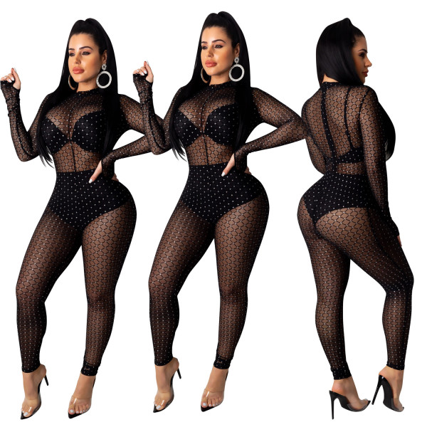 Sexy Mesh Black See Through High Waist Bodycon Jumpsuit CY1207