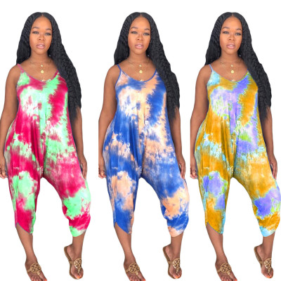Casual Tie-Dye Comfy Rompers Spaghetti Strap Jumpsuit AMM8112