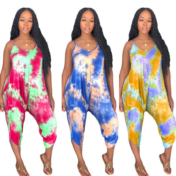 Casual Tie-Dye Comfy Rompers Spaghetti Strap Jumpsuit AMM8112