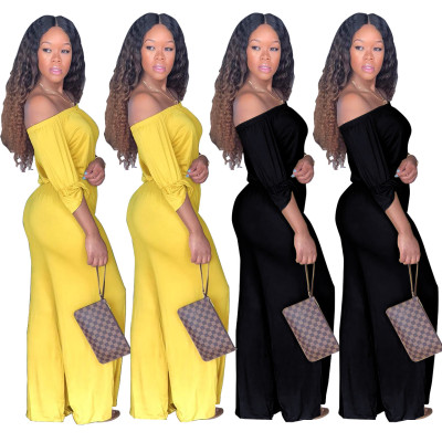 Romper Solid Off Shoulder Ruffled Sleeve Wide Leg Jumpsuits Q142