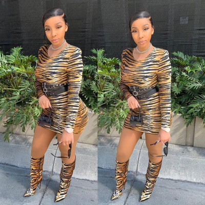 Euramerican Slim Tiger Printed Round Collar Mini Dress YX9160