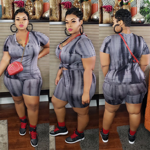 V-neck shorts short sleeve fashion casual two-piece suit plus size women's suit OSS20783