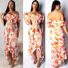 Newest Printing Skirt Suits Bandage Top Ruffle Dress K8713