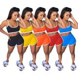 Women's summer solid color pit strip high elastic vest shorts two-piece suit YF8111