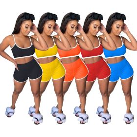 Women's summer solid color pit strip high elastic vest shorts two-piece suit YF8111