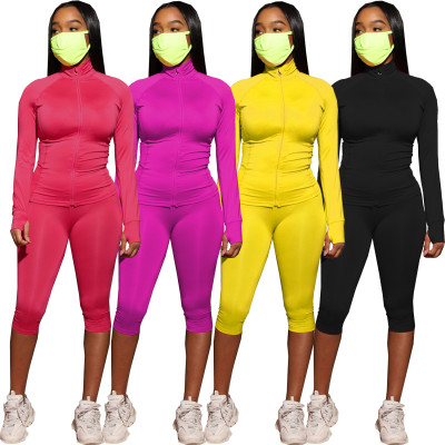 Womens sportswear two-piece suit running wear long-sleeved jacket cropped pants AL118