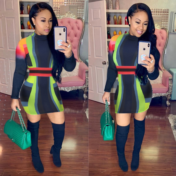 New Arrival Color Patchwork Stripe Bodycon Dress DN8176