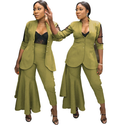 Mesh Splicing Bodycon Coat Irregular Flares Pants Business Solid Sets WY6625