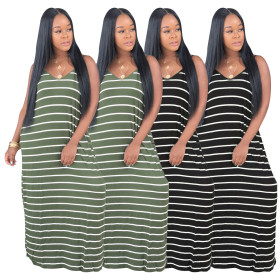 Loose Fitting Women Comfy Leisure Striped Long Dress SDD9118