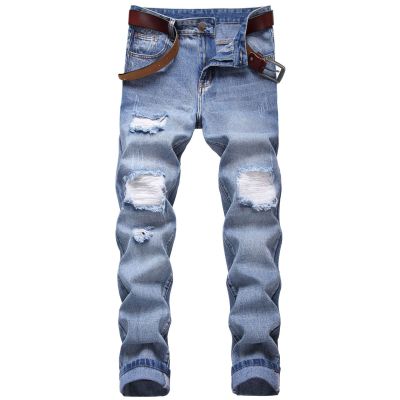 mens ripped jeans straight-leg slim-fit non-stretch denim trousers TX006
