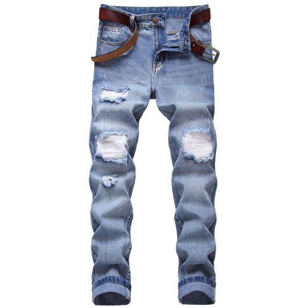 mens ripped jeans straight-leg slim-fit non-stretch denim trousers TX006
