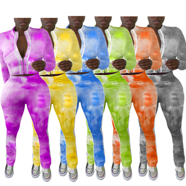 Fashion Tie Dye Printed Zipper V-Neck Long Sleeves Mini Top With Trousers Two Piece Set KZ173