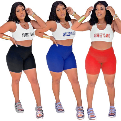 Cheap Outfits Letters Printing Tank Top Sport Solid Shorts DN8274