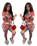 Trendy Floral Print Suits Turn-Down Shirt Tight Pants YZ1696