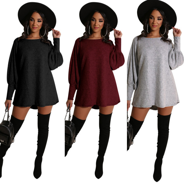 Factory Price Comfy Long Sleeved Pure Color Leisure Dress KA7068