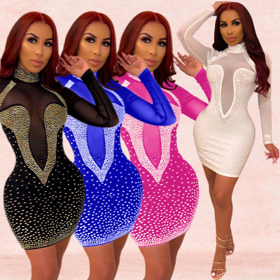 Club Perspective Mesh Patchwork Rhinestone Bodycon Dress XZ3281